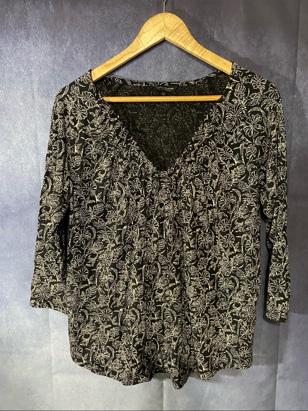 Lucky Brand Black Top with Cream Floral Print